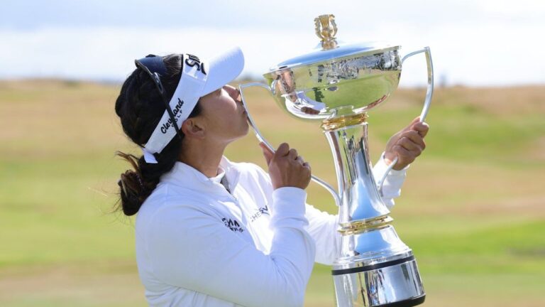 Jenny Shin of South Korea celebrates winning the 2026 ISPS HANDA Women's Scottish Open at Dundonald Links, Ayrshire, Sunday July 26, 2026. (Steve Welsh/PA via AP)