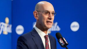 NBA commissioner Adam Silver speaks prior to Game 1 of the NBA Finals basketball series between the New York Knicks and the San Antonio Spurs, Wednesday, June 3, 2026, in San Antonio. (Eric Gay/AP Photo)