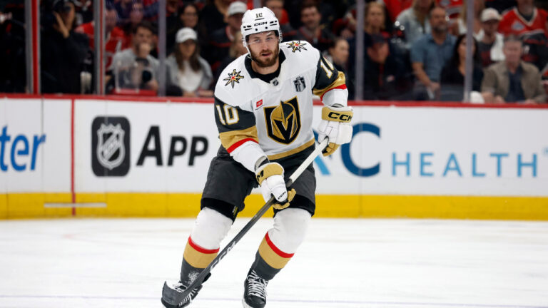 Vegas Golden Knights' Colton Sissons (10) moves the puck against the Carolina Hurricanes during the first period in Game 2 of the NHL hockey Stanley Cup Final series in Raleigh, N.C., Thursday, June 4, 2026. (Karl DeBlaker/AP)