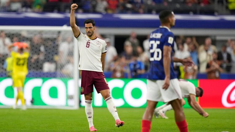 Spain's Mikel Merino reacts to the final whistle of the World Cup semifinal soccer match between France and Spain in Arlington, Texas, near Dallas, Tuesday, July 14, 2026. (Ashley Landis/AP)