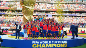 Spain celebrates with the trophy after the World Cup final soccer match between Spain and Argentina in East Rutherford, N.J., near New York, Sunday, July 19, 2026. (Julio Cortez/AP)
