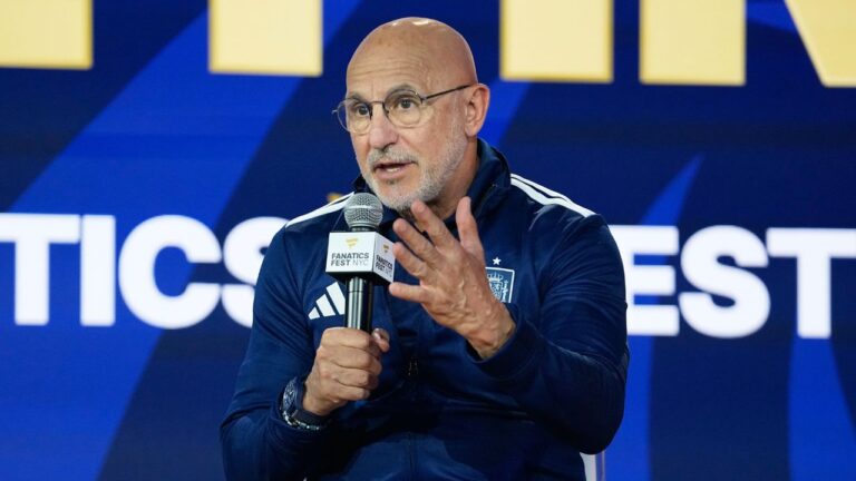 Spain head coach Luis de la Fuente talks during a news conference ahead of the World Cup final soccer match between Spain and Argentina in New York, Friday, July 17, 2026. (Frank Franklin II/AP Photo)