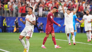 Spain's Pedro Porro (12), Pau Cubarsi (22) and Portugal's Cristiano Ronaldo react after Spain defeated Portugal in the World Cup round of 16 soccer match in Arlington, Texas, near Dallas, Monday, July 6, 2026. (Ashley Landis/AP)