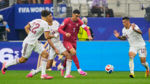 Portugal's Cristiano Ronaldo (7) challenges for the ball against Spain's Pedro Porro (12), Spain's Pau Cubarsi (22) and Spain's Rodri (16) during the World Cup round of 16 soccer match between Portugal and Spain in Arlington, Texas, near Dallas, Monday, July 6, 2026. (Tony Gutierrez/AP)
