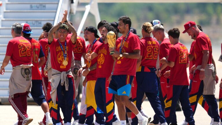 Players from Spain's national soccer team arrive at Madrid airport on Monday, July 20, 2026, after being crowned World Cup champions with a victory over Argentina in the final. (Manu Fernandez/AP)