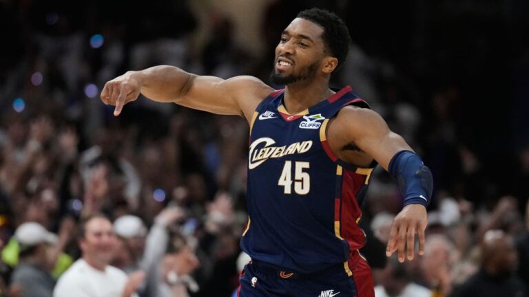 Cleveland Cavaliers' Donovan Mitchell (45) gestures after hitting a three-point basket in the second half of Game 4 of a second-round NBA basketball playoff series against the Detroit Pistons Monday, May 11, 2026, in Cleveland. (Sue Ogrocki/AP)