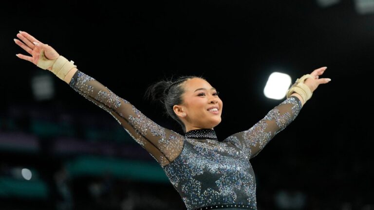 Sunisa Lee, of United States, competes on the vault during a women's artistic gymnastics qualification round at Bercy Arena at the 2024 Summer Olympics, Sunday, July 28, 2024, in Paris, France. (Charlie Riedel/AP)