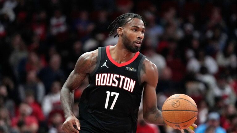 Houston Rockets forward Tari Eason controls the ball during the first half of an Emirates NBA Cup basketball game against the Portland Trail Blazers in Houston, Friday, Nov. 22, 2024. (Ashley Landis/AP)