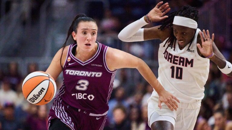 Toronto Tempo's Marina Mabrey (3) drives past Atlanta Dream's Rhyne Howard (10) during first half WNBA basketball action in Toronto, Friday, July 17, 2026. (Sammy Kogan/CP)