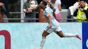 Belgium's Youri Tielemans (8) celebrates scoring his side's 3rd goal from the penalty spot during the World Cup round of 32 soccer match between Belgium and Senegal in Seattle, Wednesday, July 1, 2026. (Lindsey Wasson/AP)