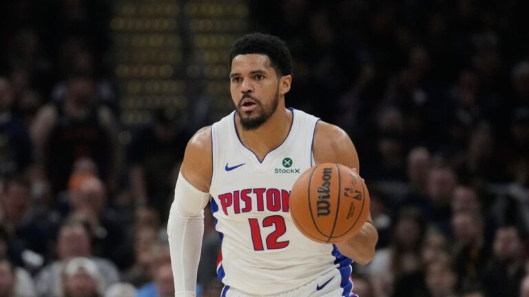 Detroit Pistons forward Tobias Harris (12) in the second half of Game 6 of a second-round NBA basketball playoffs series against the Cleveland Cavaliers Friday, May 15, 2026, in Cleveland. (Sue Ogrocki/AP)