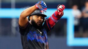 Toronto Blue Jays' Vladimir Guerrero Jr. (27) celebrates after hitting a double against the St. Louis Cardinals during sixth inning MLB baseball action in Toronto on Friday, July 31, 2026. (Chris Young/THE CANADIAN PRESS)