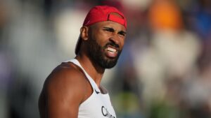 Canada's Damian Warner reacts as he competes in the Men's Decathlon Javelin Throw at the Commonwealth Games in Glasgow, Scotland, Friday, July 31, 2026. (Alastair Grant/AP)