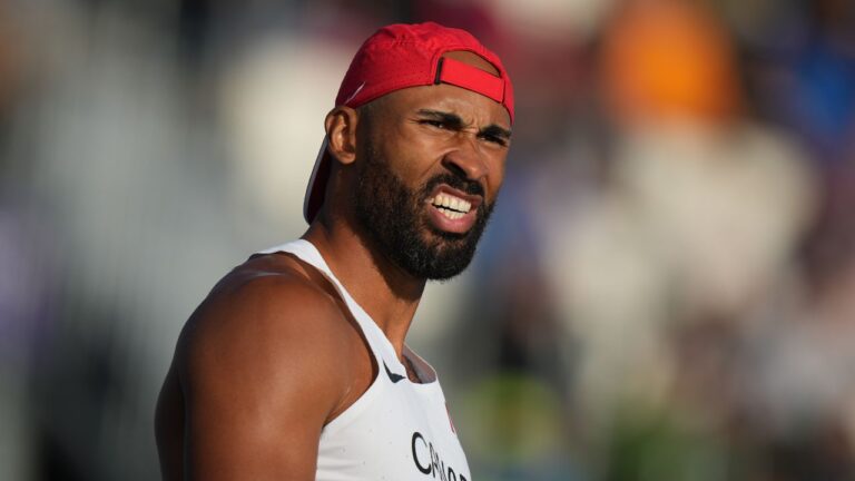 Canada's Damian Warner reacts as he competes in the Men's Decathlon Javelin Throw at the Commonwealth Games in Glasgow, Scotland, Friday, July 31, 2026. (Alastair Grant/AP)
