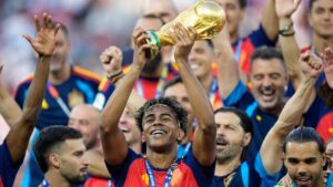 Spain's Lamine Yamal celebrates with the trophy after winning the World Cup final soccer match between Spain and Argentina in East Rutherford, N.J., near New York, Sunday, July 19, 2026. (Ashley Landis/AP)