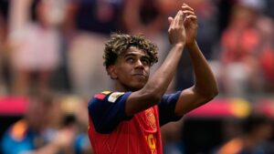 Spain's Lamine Yamal (19) celebrates at the end of the World Cup quarterfinal soccer match between Spain and Belgium in Inglewood, Calif., near Los Angeles, Friday, July 10, 2026. (Gregory Bull/AP Photo)