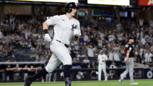 New York Yankees' Ben Rice runs the bases on his two-run home run off Minnesota Twins pitcher Mike Paredes during the third inning of a baseball game Friday, July 3, 2026, in New York. (Adam Hunger/AP)