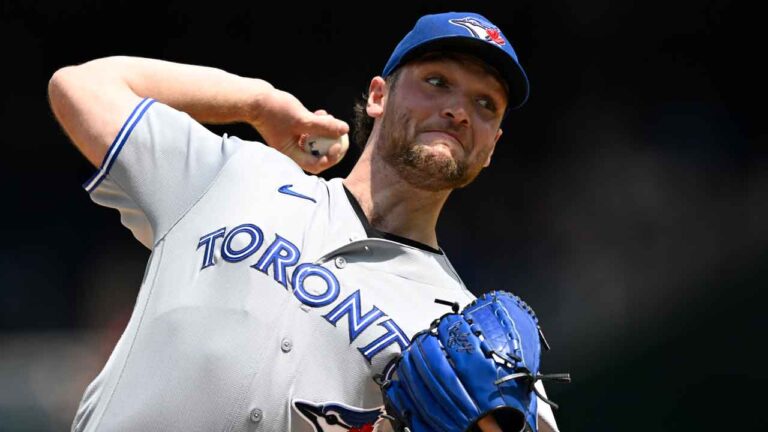 Toronto Blue Jays starting pitcher Trey Yesavage throws during the first inning of a baseball game against the Washington Nationals. (John McDonnell/AP)