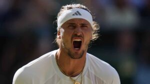 Alexander Zverev of Germany celebrates winning the first set against Jannik Sinner of Italy in the men's singles final at Wimbledon Tennis Championships. (Kirsty Wigglesworth/AP)
