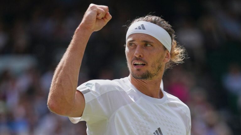 Alexander Zverev of Germany celebrates after winning a point against Arthur Fery of Britain during their men's singles semifinal match at the Wimbledon Tennis Championships in London, Friday, July 10, 2026. (Kirsty Wigglesworth/AP)