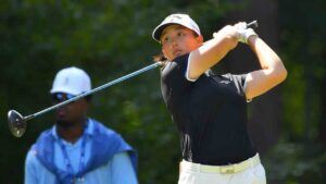 Ruoning Yin, of China, hits off the 2nd tee during the fourth round of the LPGA FM Championship golf tournament, Sunday, Aug. 30, 2026, in Norton, Mass. (Steven Senne/AP)