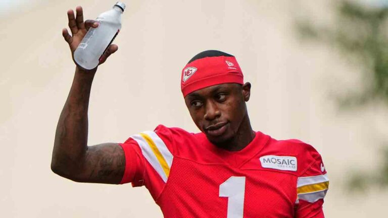 Kansas City Chiefs wide receiver Xavier Worthy waves to fans as he arrives at NFL football training camp Friday, July 31, 2026, in St. Joseph, Mo. (Charlie Riedel/AP)