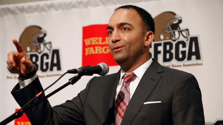 San Francisco 49ers President Paraag Marathe speaks at the annual Bay Area college football media day at Levi's Stadium on Wednesday, July 30, 2014, in Santa Clara, Calif. (Alex Washburn/AP)