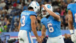 Tennessee Titans kicker Joey Slye (6) celebrates with teammate Tommy Townsend (3) after kicking a field goal during the first half of a preseason NFL football game against the Seattle Seahawks, Sunday, Aug. 23, 2026, in Nashville, Tenn. (George Walker IV/AP)