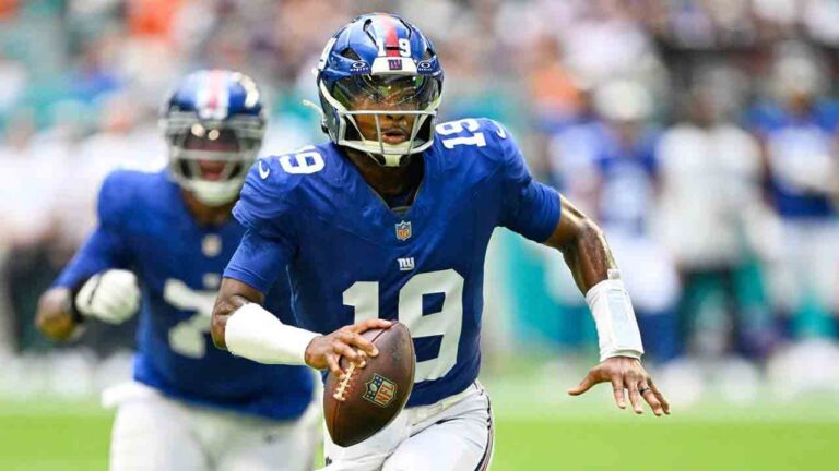 New York Giants quarterback Jameis Winston (19) runs the ball during the first half of a preseason NFL football game against the Miami Dolphins, Saturday, Aug. 22, 2026, in Miami Gardens, Fla. (Doug Murray/AP)
