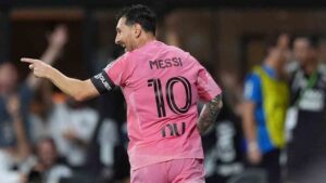 Inter Miami forward Lionel Messi (10) celebrates after scoring his side's third goal during the first half of a Leagues Cup soccer match against Atletico de San Luis, Wednesday, Aug. 5, 2026, in Miami. (Rebecca Blackwell/AP)