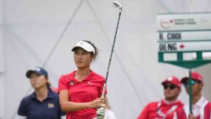 Aphrodite Deng, of Canada, watches her tee shot on the 17th hole during the third round at the LPGA CPKC Canadian Women's Open golf tournament, in Edmonton, on Saturday, Aug. 22, 2026. (Darryl Dyck/CP)