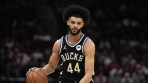 Milwaukee Bucks guard Andre Jackson Jr. controls the ball during an NBA basketball game against the Houston Rockets in Houston, Wednesday, April 1, 2026. (Ashley Landis/AP)