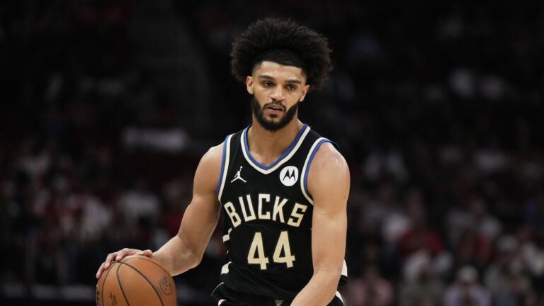 Milwaukee Bucks guard Andre Jackson Jr. controls the ball during an NBA basketball game against the Houston Rockets in Houston, Wednesday, April 1, 2026. (Ashley Landis/AP)