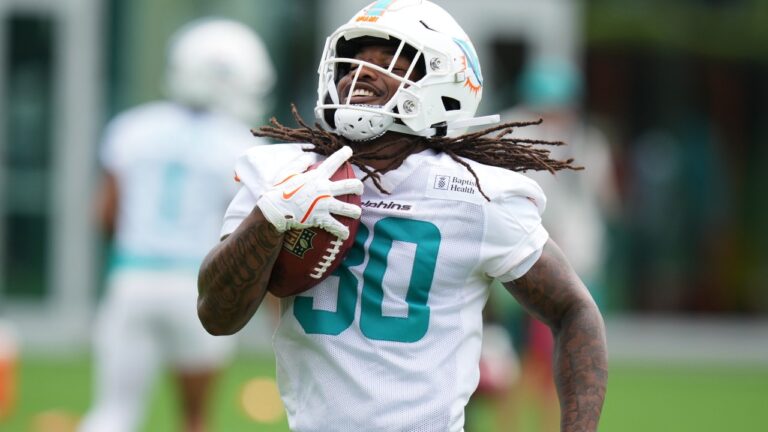 Miami Dolphins running back Anthony Hankerson runs drills during an NFL football practice, Tuesday, June 9, 2026, in Miami Gardens, Fla. (AP Photo/Lynne Sladky)