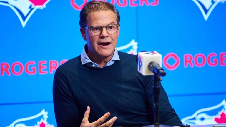 Toronto Blue Jays general manager Ross Atkins speaks to media ahead of the team's season opener in Toronto, on Thursday, March 26, 2026. (Sammy Kogan/CP)