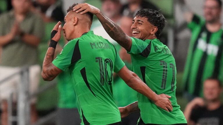 Austin FC offence Myrto Uzuni (10) celebrates with teammate Austin FC offence Facundo Torres (11) after his third goal against Puebla during the first half of a Leagues Cup soccer match in Austin, Texas, Sunday, Aug. 9, 2026. (Eric Gay/AP)