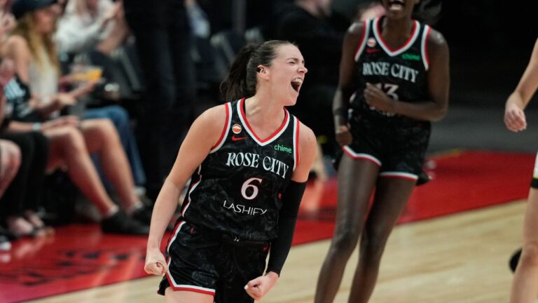 Portland Fire forward Bridget Carleton (6) reacts after making a basket during the second half of a WNBA basketball game against the Chicago Sky, Saturday, May 9, 2026, in Portland, Ore. (Jenny Kane/AP)