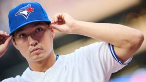 Toronto Blue Jays' Brett Bateman (21) looks on prior to MLB baseball action against the Boston Red Sox in Toronto, on Tuesday, Aug. 11, 2026. (Sammy Kogan/CP)