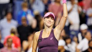 Belinda Bencic of Switzerland waves to the crowd after defeating Alexandra Eala of the Philippines 6-4, 6-0, during round of 16 National Bank Open Tennis action in Toronto, on Sunday, Aug. 9, 2026. (Keito Newman/CP)
