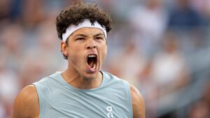Ben Shelton of the United States reacts during his match against Jakub Mensik of Czechia during quarterfinal tennis action at the National Bank Open in Montreal on Tuesday, Aug. 11, 2026. (Christinne Muschi/CP)