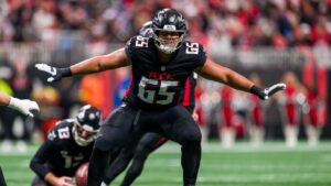 Atlanta Falcons guard Matthew Bergeron (65) works during the first half of an NFL football game against the New Orleans Saints, Sunday, Jan. 4, 2026, in Atlanta. (Danny Karnik/AP)