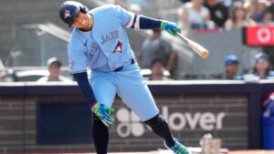 Toronto Blue Jays designated hitter George Springer reacts after hitting a pop fly out against the New York Yankees during ninth inning American League MLB baseball action in Toronto on Sunday, Aug. 16, 2026. THE CANADIAN PRESS/Nathan Denette