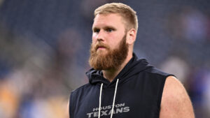 Houston Texans offensive tackle Braden Smith looks on during the second half of an NFL preseason football game against the Los Angeles Chargers in Houston, Aug. 13, 2026. (Maria Lysaker/AP)