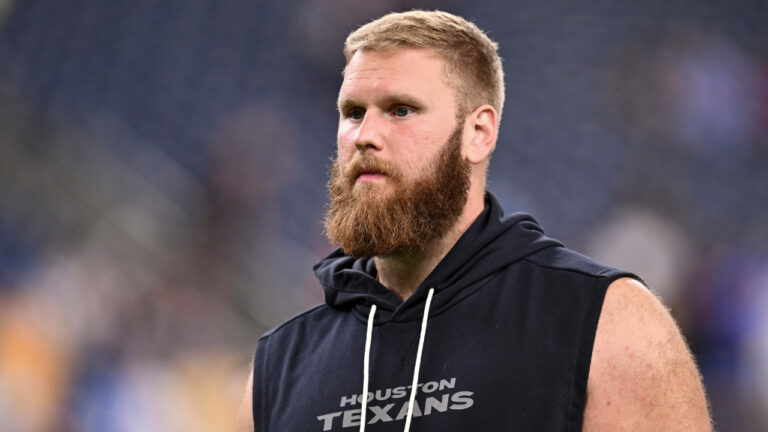 Houston Texans offensive tackle Braden Smith looks on during the second half of an NFL preseason football game against the Los Angeles Chargers in Houston, Aug. 13, 2026. (Maria Lysaker/AP)