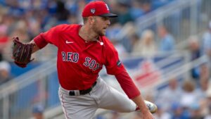Boston Red Sox pitcher Brendan Cellucci delivers a pitch during spring training action against the Toronto Blue Jays on Friday, March 22, 2024, in Dunedin, Fla. THE CANADIAN PRESS/Mark Taylor