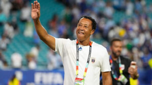 Cape Verde head coach Bubista waves to supporters following the World Cup Group H soccer match between Uruguay and Cape Verde in Miami Gardens, Fla., June 21, 2026. (Rebecca Blackwell/AP)