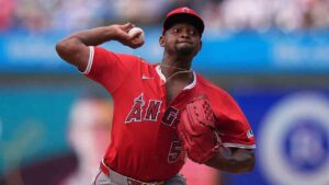Los Angeles Angels' José Soriano plays during a baseball game Sunday, July 20, 2025, in Philadelphia. (AP Photo/Matt Slocum)