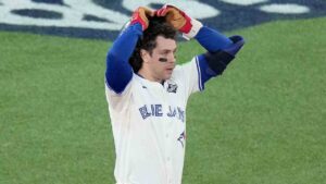 Toronto Blue Jays third base Ernie Clement (22) reacts after flying out during ninth inning Game 7 World Series playoff MLB baseball action against the Los Angeles Dodgers, in Toronto, Saturday, Nov. 1, 2025. (Chris Young/CP)