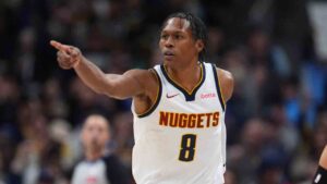 Denver Nuggets guard Peyton Watson (8) in the first half of an NBA basketball game Thursday, Jan. 29, 2026, in Denver. (David Zalubowski/AP)