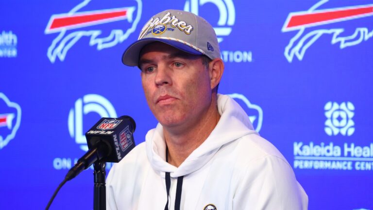 Buffalo Bills general manager Brandon Beane addresses the media during an NFL football news conference Monday, April 20, 2026, in Orchard Park, N.Y. (AP Photo/Jeffrey T. Barnes)